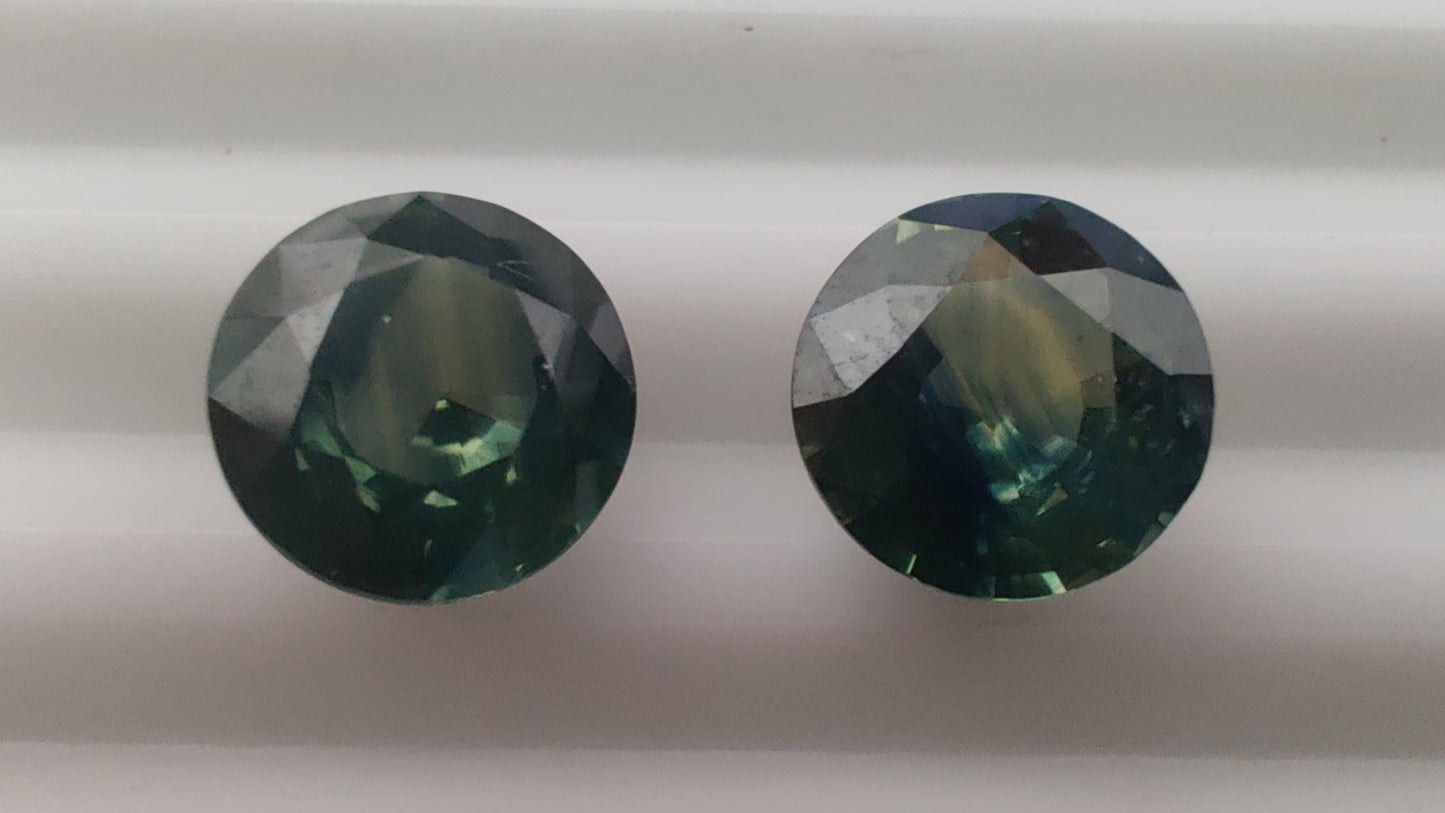 Heated Natural Green Blue Sapphire Pair Circle Cut 3.67 Carats, Sri Lanka